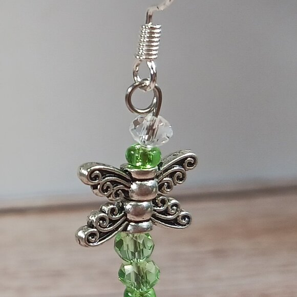 Handmade Green Beaded Dragonfly Dangle Earrings - Picture 7 of 7